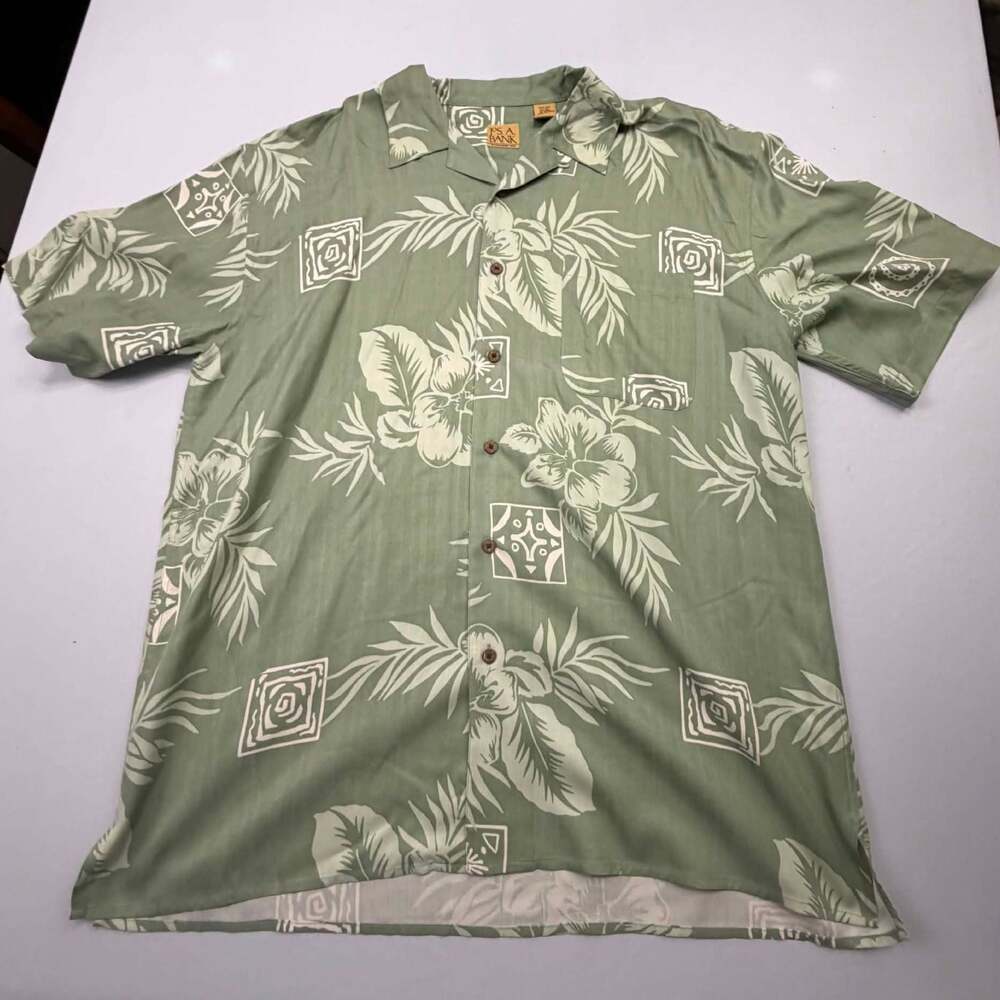 Jos. A. Bank Men's 100% Silk Green Floral Tropical Print Short Sleeve Camp Shirt